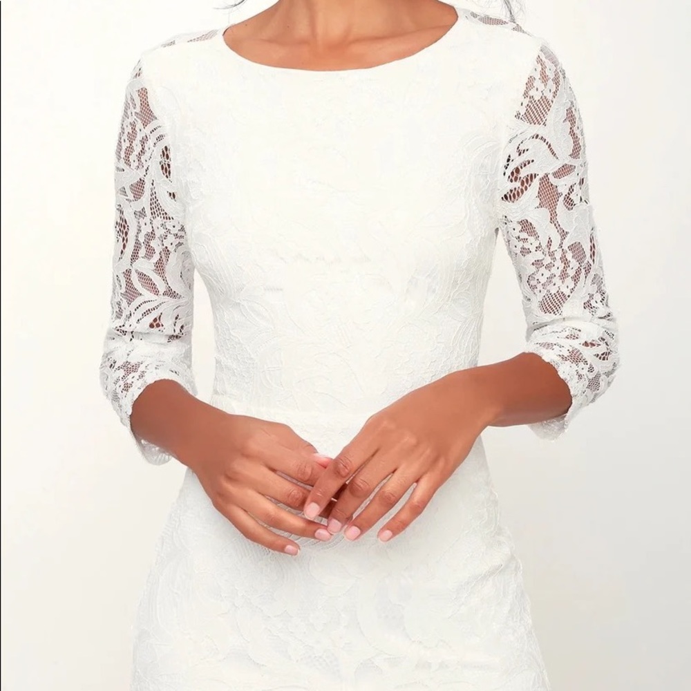NWT Lulu’s Adley White Lace Three-Quarter Backless Maxi Dress, XS